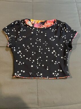 Maaji Black Star Reversible Swim Crop with Pink and Orange Tropical Trim